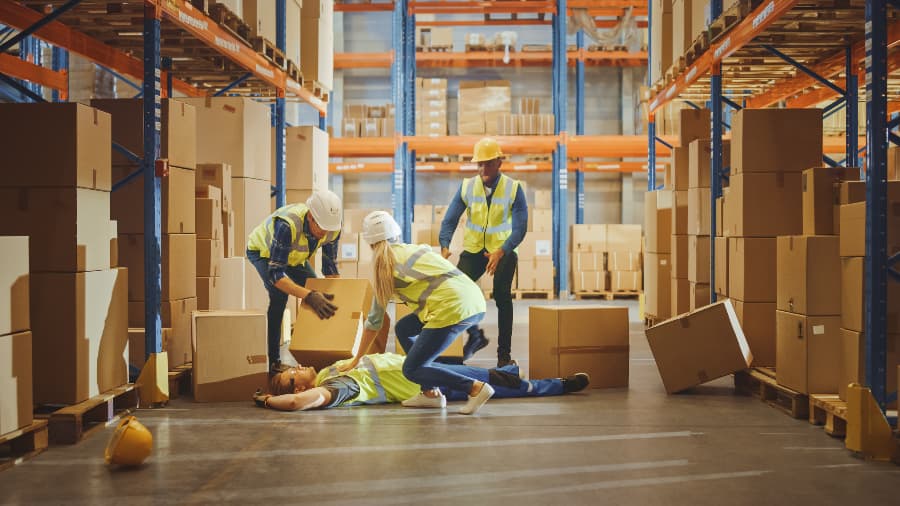 Warehouse worker on the floor with coworkers lifting a fallen box off him