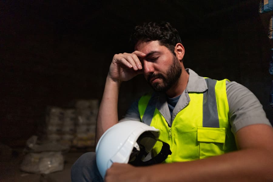 Close up of upset construction worker holding his head